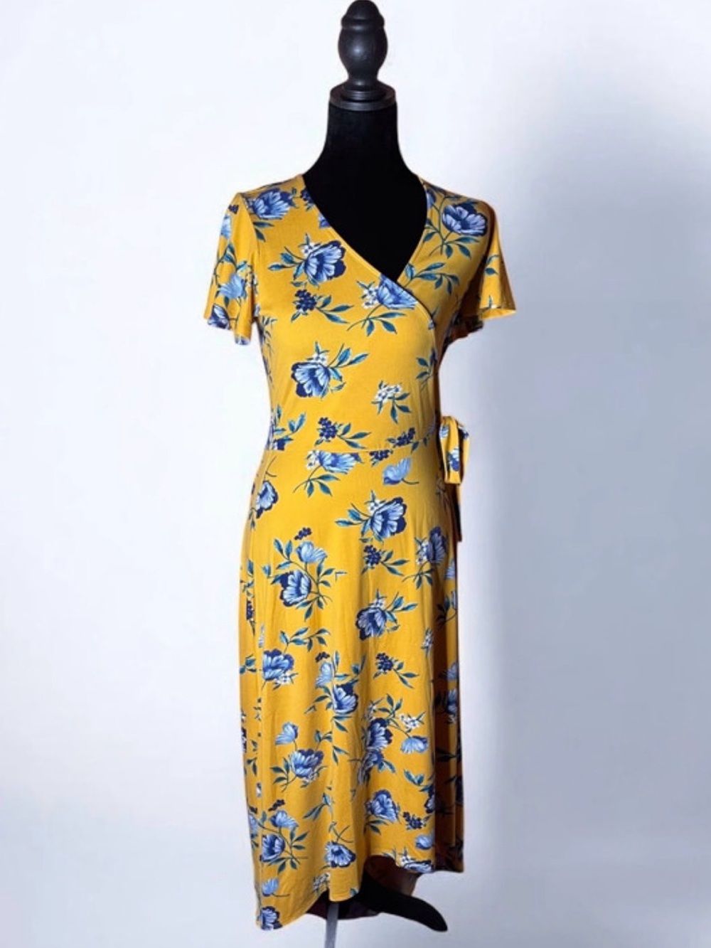 by & by Yellow Wrap Midi Dress with Blue Floral Print